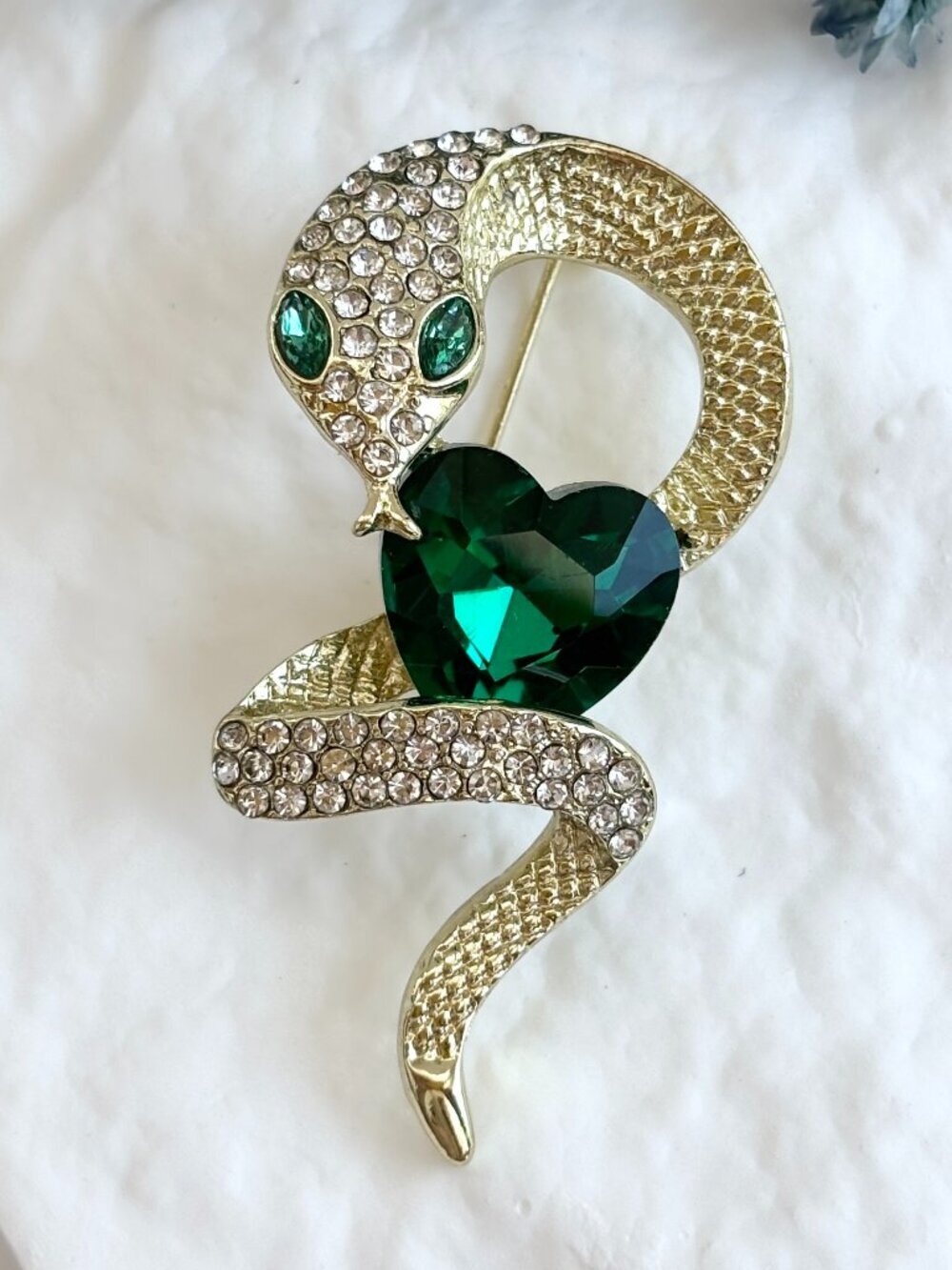 Serpent | Snake Gold Toned Green Rhinestoned Eyes Vintage Style Brooch Pin